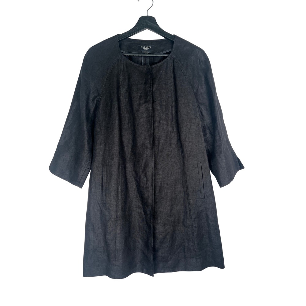 Talbots Black Pure Irish Linen Topper Coat Jacket Petite Medium PM Collarless